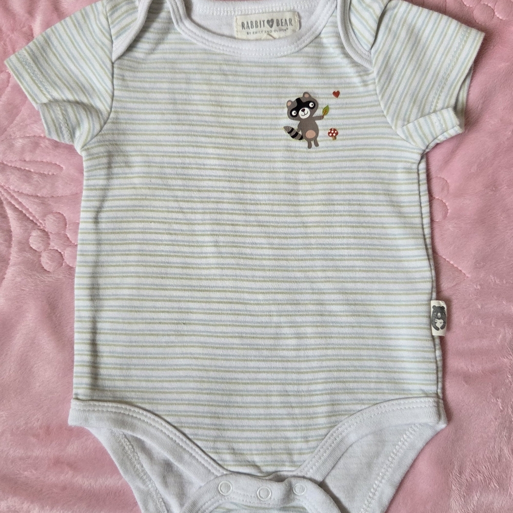 Rabbit & Bear Striped Baby Bodysuit - White and Gray